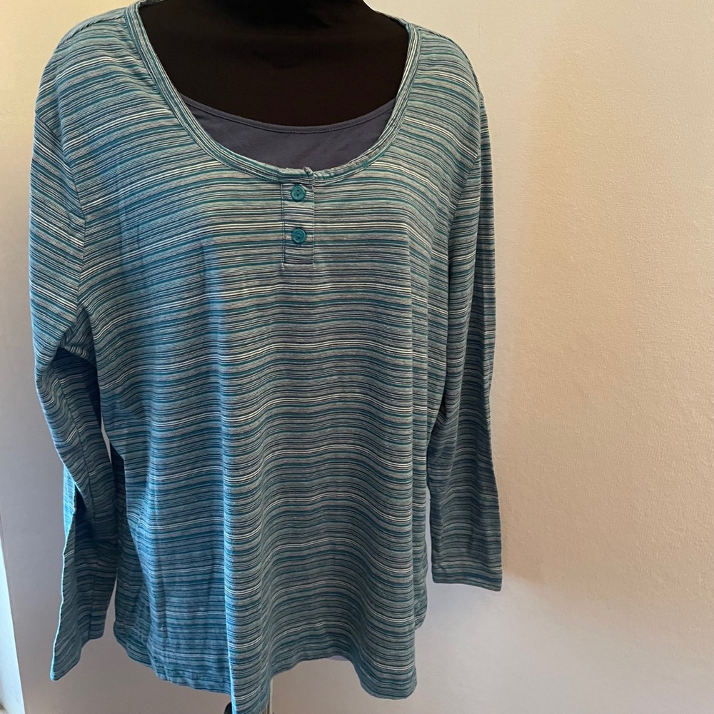 Bobbie Brooks Womens 2X Blue Teal Space Dye Striped Henley Long Sleeve Top